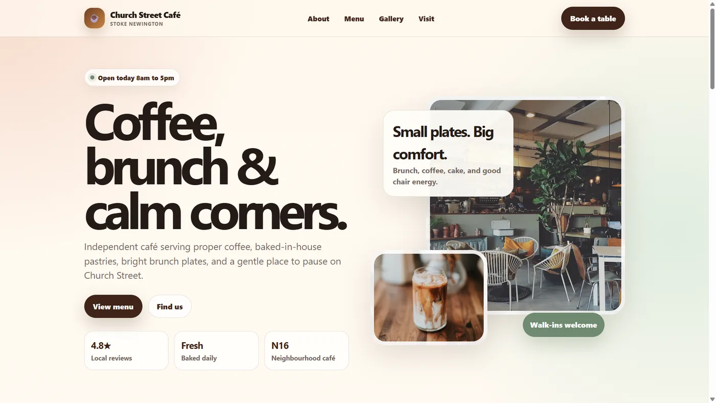 Example café website design by Stokey IT Services